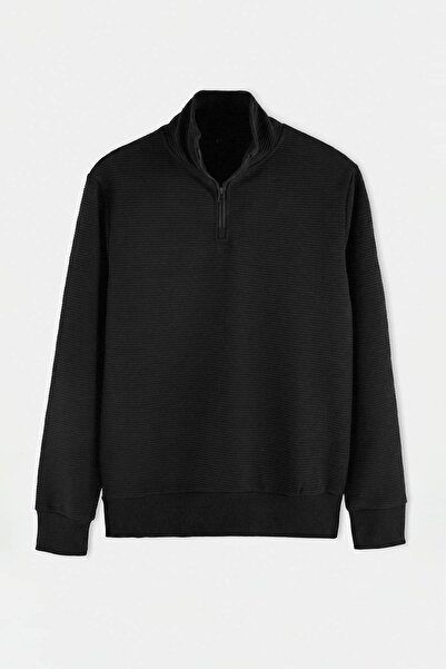 Trendyol Collection Black Regular/Normal Cut High-Neck Zippered Textured Swea...