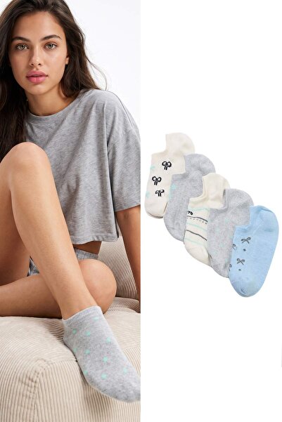 Trendyol Kollektion Weiß-blau-graue 5-teilige bestickte Jacquard-Stricksocken...