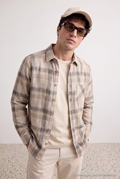 Trendyol Collection Beige Plaid Cotton Regular Winter Men's Shirt Tmnaw27Go00010