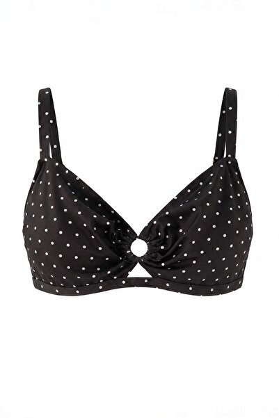 Trendyol Curve Black Polka Dot Patterned Window Detail Plus Size Bikini Top T...