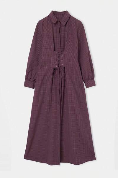 Trendyol Modest Burgundy Corset Lace Detailed Plaid / Checkered Shirt Collar ...