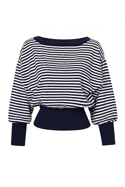 Trendyol Collection Navy Blue*001 Striped Soft Textured Boat Neck Knitwear Sw...