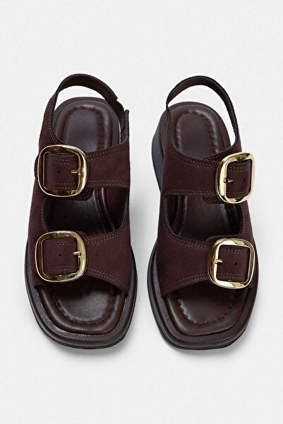 TRENDYOL SHOES Καφέ σουέντ γυναικεία σανδάλια με διπλή πόρπη και χοντρή σόλα ...