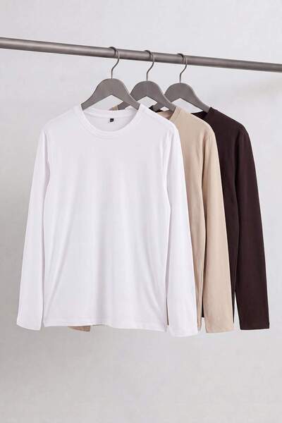 Trendyol Collection Tricou cu mânecă lungă, maro închis, piatră, ecru, Regula...