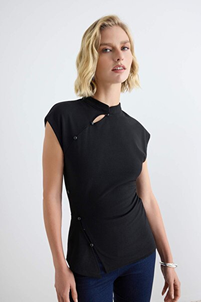 Trendyol Collection Black Plain Fitted Crew Neck Moon Sleeve Short Long Sandy...