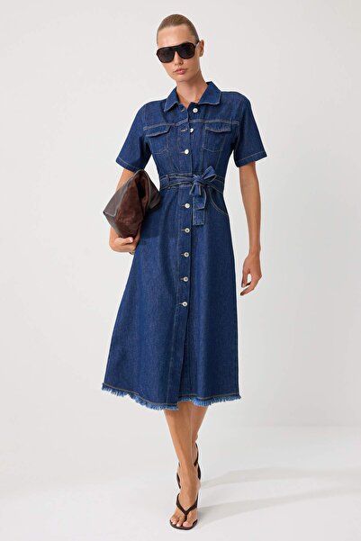 Trendyol Collection Dark Blue Hem Tassel Belted Maxi Denim Dress Twoss24El00377
