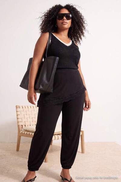 Trendyol Curve Black High Waist Wide Leg Plus Size Knitted Trousers Tbbss26Ar...