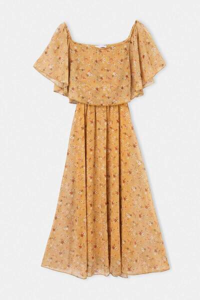 Drop by TrendyolMilla فستان بيج مزين بالزهور مع خصر مطاطي TDRSS26EL00138