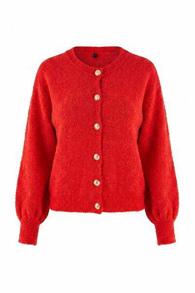 Trendyol Collection Red Boucle Plain Crew Neck Textured Knitwear Cardigan Two...