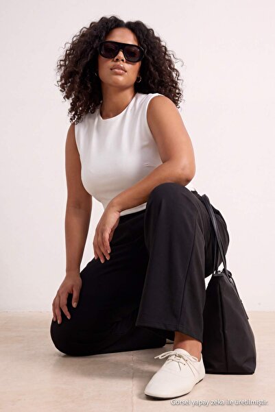 Trendyol Curve Black Soft Fabric Pocketed Wideleg/Relaxed Cut Knitted Oversiz...