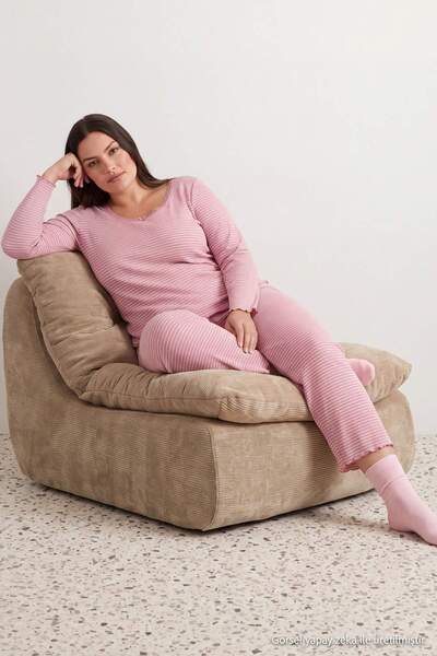 Trendyol Curve Pink Striped Lace Detailed Ribbed Soft Tuşe Winter Knitted Paj...