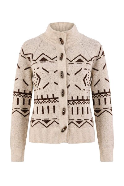 Trendyol Collection Stone Ethnic Patterned High-Neck Knitwear Cardigan Twoaw2...