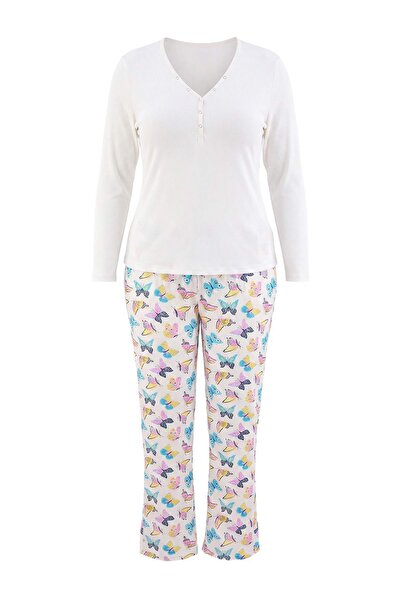 Trendyol Curve Ecru Butterfly Printed Camisole Plus Size Pajama Set