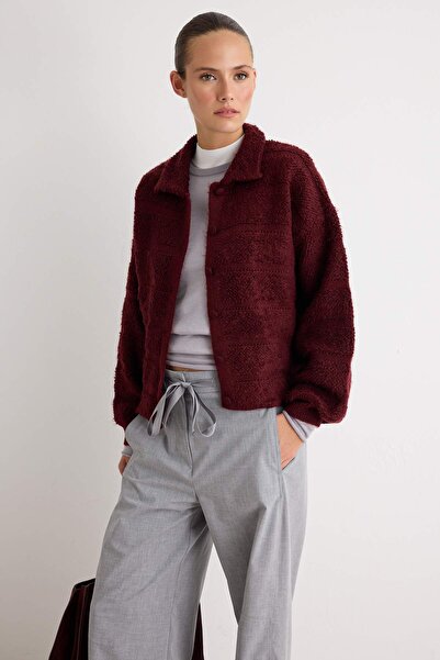 Trendyol Collection Plum Soft Textured Polo Collar Knitwear Cardigan Twoaw27H...