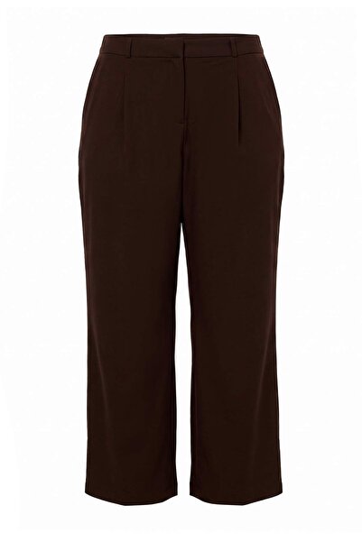 Trendyol Curve Brown Rubber Waistband Wide Leg Plus Size Woven Trousers Tbbaw...
