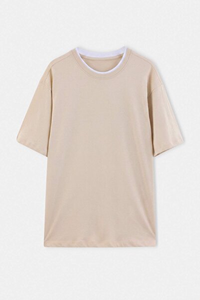 Trendyol Collection Beige Regular Low Shoulder 100% Cotton Collar Detailed T-...