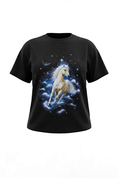 Trendyol Collection Black 100% Cotton Horse Printed Crew Neck Oversize Low Sl...