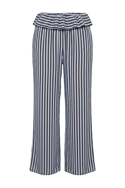 Trendyol Collection بنطلون بيجامة منسوج مخطط باللونين البني والأزرق 100% فيسك...
