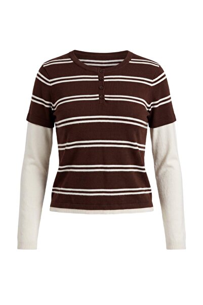 Trendyol Collection Brown*001 Brown Double Sleeve Detailed Plain Knitwear Swe...