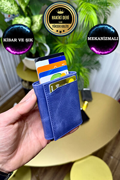 CüzCan Saks Mavi  Hakiki Deri Mekanizmalı Kartlık Cüzdan (isme Özel Kişiselle...