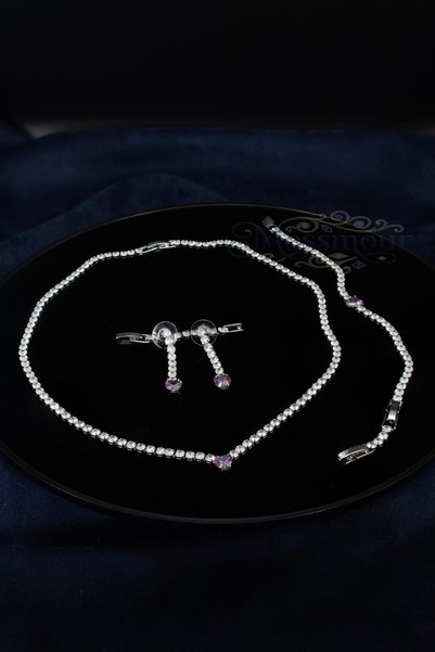 MOSSMOUR Lilac Heart Stone Zircon Necklace Bracelet Earrings Special Day Wedding Engagement Gift Jewelry Set