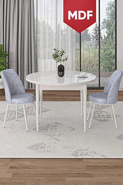 Canisa Tor Serisi MDF Yuvarlak 90x90 Beyaz Sabit Masa 2 Gri Sandalye Mutfak M...