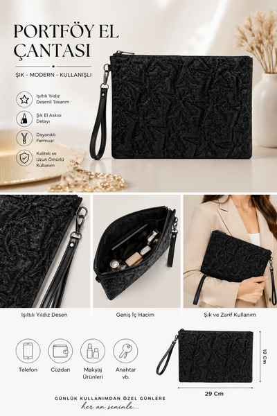 NEWISH POLO ACCESSORIES Μαύρη τσάντα πορτφόλιο με αστέρια κεντημένα, γυναικεί...