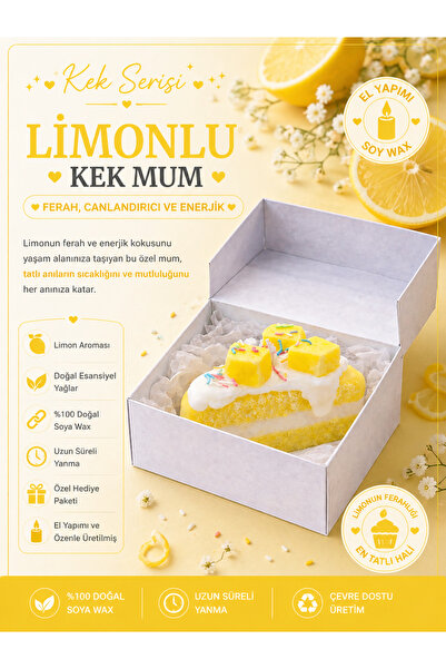 MELTORA Limon Kokulu Kek Mum – El Yapımı Dekoratif Tatlı Tasarım, Kutulu Hedi...