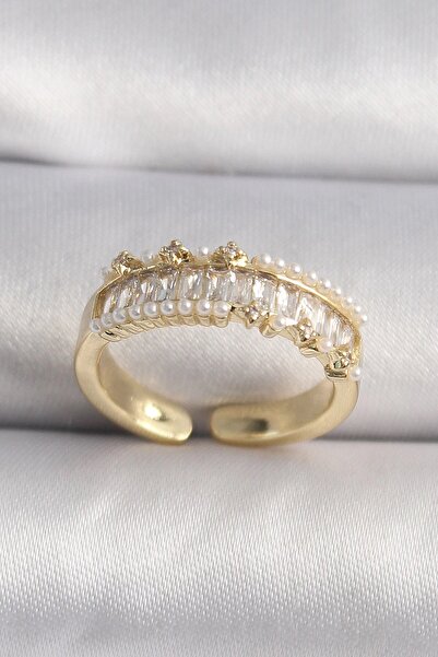 TakÇalıştır Rice gold color zircon stone pearl detail vip series women's ring