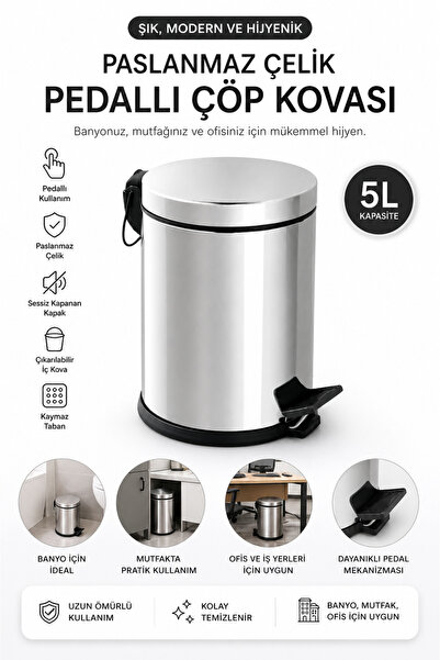 Yufira Life 5 LT Pedallı Çöp Kovası Paslanmaz Çelik, İç Kovalı,Yavaş Kapanır,...