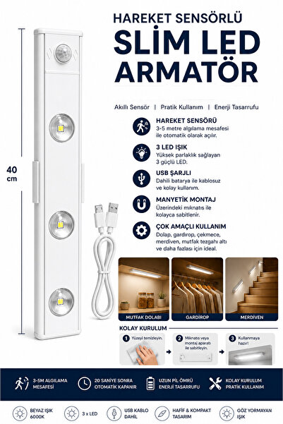 Neovista 40 Cm Beyaz 3w Slim Led Kabin Armatürü Hareket Sensörlü Dekoratif Ge...