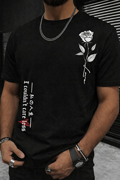 Oceanwear Rose Printed Men's Short Sleeve Crew Neck Plain Black Tshirt