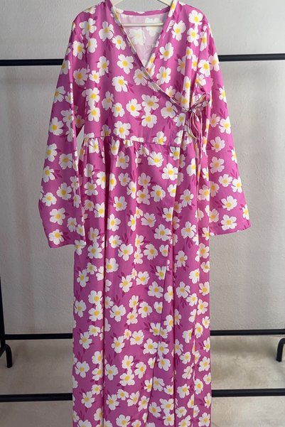 Masnu Çocuk Girl's Pink Floral 100% Cotton Organic Poplin Prayer Dress