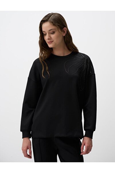 Jimmy Key Siyah Bisiklet Yaka İşlemeli Örme Sweatshirt
