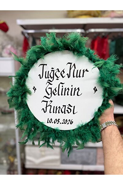 Morkovan Yeşil İsim Yazılı Zilli Tüylü Otriş Deri Tef Gelin Tefi Kına Gecesi ...