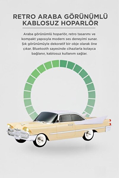 Torima Bluetooth Hoparlör Retro Klasik Araba Tasarımlı TWS 10W FM USB Speaker D86 Bej