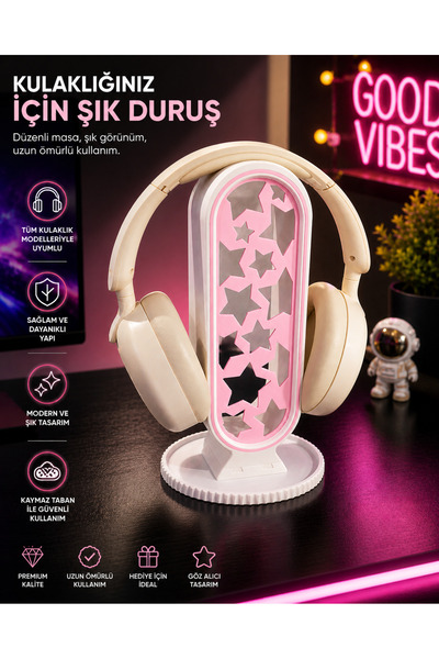 Aves Tasarım Gamer Kulaklık Standı & Masa Üstü Organizer Mat Beyaz Yıldızlı G...