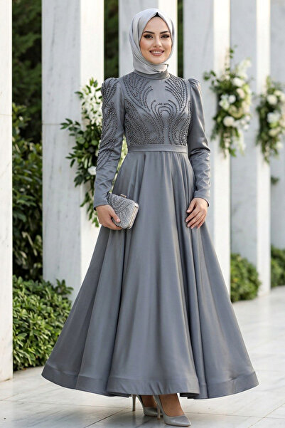 Neva Style Boncuk İşlemeli Haki Saten Tesettür Abiye Elbise 23191HK