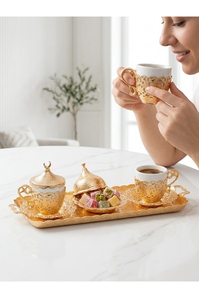 AiroBazar Crescent Dome Espresso Coffee Cup Set for 2 People with Turkish Del...