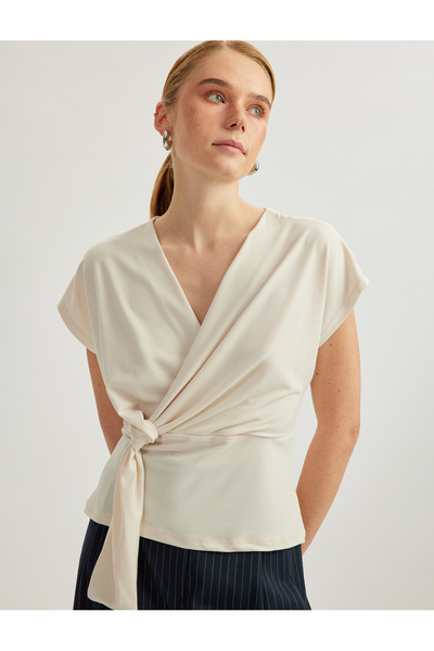 Koton Sleeveless Double Breasted Blouse with V Neck Knot Detail