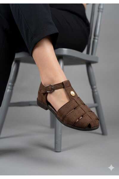 McDark Women's First Brown Suede Flat Sole Sandals with Buckle Detail