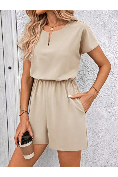 Butik Women's Short-Sleeved V-Neck Short Imported Crepe Jumpsuit with Elastic...