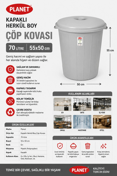 Planet Kapaklı Herkül Boy Gri Çöp Kovası 70 L 55x50 cm