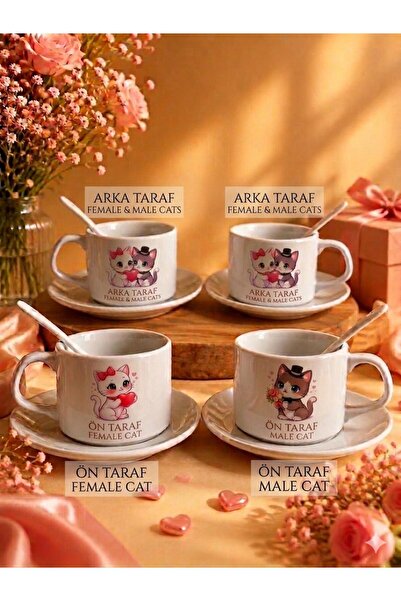 TEDİKS Sevgili Kedi Kahve Fincanı Seti 2’li – Çiftler İçin Özel Tasarım, Kalp...