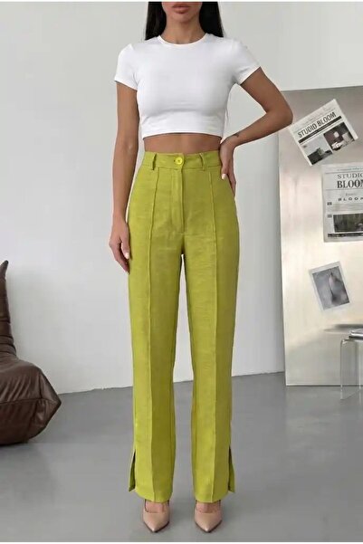 HerTon Women's Linen-Look High-Waist Fabric Trousers with Slit Detail