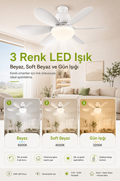 Merwish Goes Tavan Vantilatörü Led Işık 3 Kademe Hız Modu Sessiz 52 Cm Çap 6 Kanat Kumandalı Vantilatör