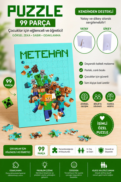 Morinna İsme Özel Minecraft Baskılı Puzzle Yapboz 99 Parça PZL-02