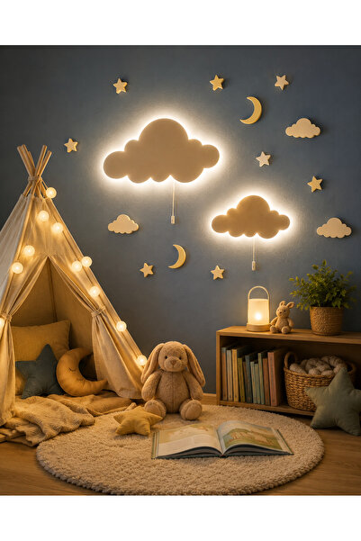 OYART&DESIGN 2'li Bulut Gece Lambası Bebek Çocuk Odası Duvar Dekorasyonu Deko...