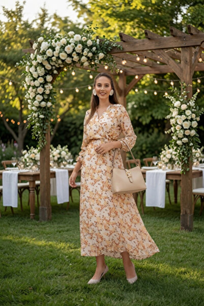 azra moda Çıtır Çiçekli Krem Şifon Elbise
