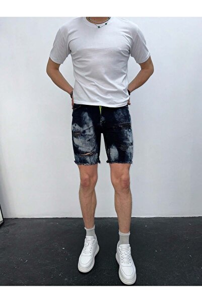 HerTon Erkek Koyu Mavi Yıkamalı Yırtık Detay Slim Fit Jean Şort